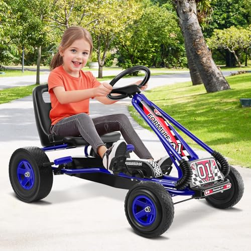 RELAX4LIFE Go Kart para Niños con Asiento Ajustable en 2 Niveles, 2 Pedales Antideslizantes y Freno de Mano, Coche de Pedales de PP con Ruedas de Goma, Adelante y Atrás, 101x61x62cm (Azul)