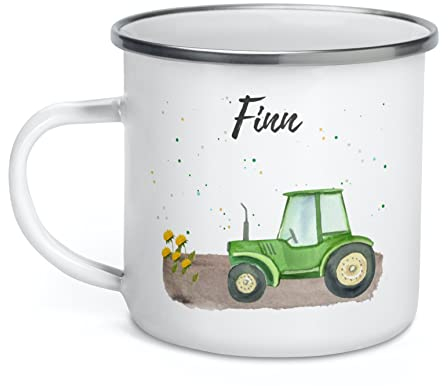 Emaille Tasse Traktor Bagger Feuerwehrmann personalisierte Tasse für Kinder Emaille Becher mit Namen Kindertasse mit Namen Trinkbecher Kindergarten Emaille Geschirr für Kinder Bauernhof
