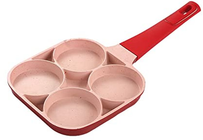 Poêle à 4 Omelettes, Fond Plat 4 Trous Poêle à Frire en Aluminium Antiadhésive pour Restaurant (Rouge)
