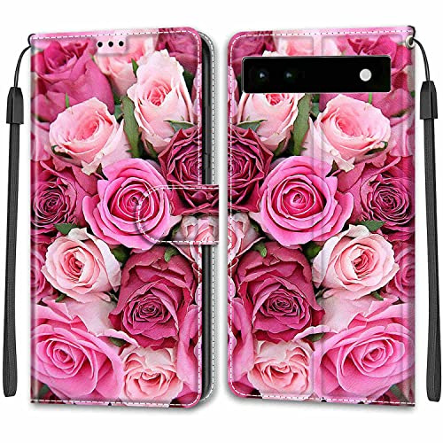 PU Leather Wallet Case for Google Pixel 6A, Pink Rose | Pouch Design, Book Flip Folio, Magnet Closure, Kickstand, Card Slots, Wrist Strap Lanyard, Pattern Style