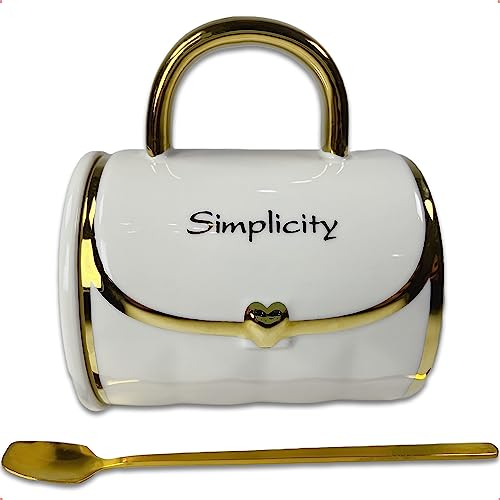 SISETOP Handbag Shaped Coffee Cup, Creative Purse Coffee Mug, 13.5 OZ Large Tea Cup with Lid and Spoon, Ceramic Cappuccino Cups for Women, Mother's Day, Birthday, Christmas, Gift, White