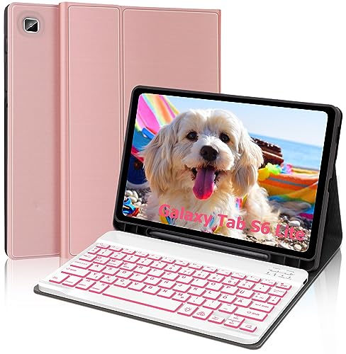 AVNICUD Tastatur Hülle für Samsung Galaxy Tab S6 Lite 10.4 Zoll 2022/2020 SM-P610/P613/P615/P619 - TPU Rückseite Case mit Stifthalter, 7 Backlightfarben Bluetooth Deutsche Keyboard QWERTZ, Roségold