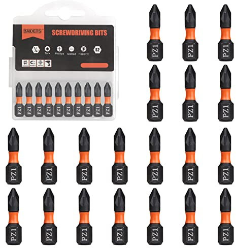BAIDETS Pro PZ1 Bit Assortment - Screwdriver Bits Set 20Pcs, 25mm Length, Pozi Screwdriver Bit, 1/4 Inch Hex Shank, with Storage Box
