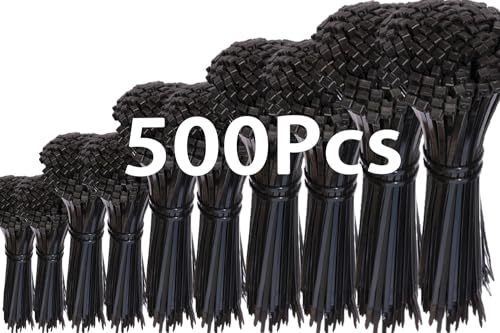 500 Stück Schwarz Kabelbinder Set 200mm, Kabelbinder UV Beständig mit, Kabelmanagement Gartenarbeit Cable Ties (500pcs, ZD-004)
