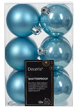 Decoris 12 Sugar Blue Baubles Shatterproof Christmas Tree Hanging Decorations 6cm 60mm Round Tree Decs (021959)