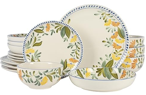 Bloomhouse Posy Blossom Geschirr-Set mit zwei Schalen, handbemalt, Steingut, Teller und Schalen, Blumenmuster, Service für vier Personen (16-teilig)