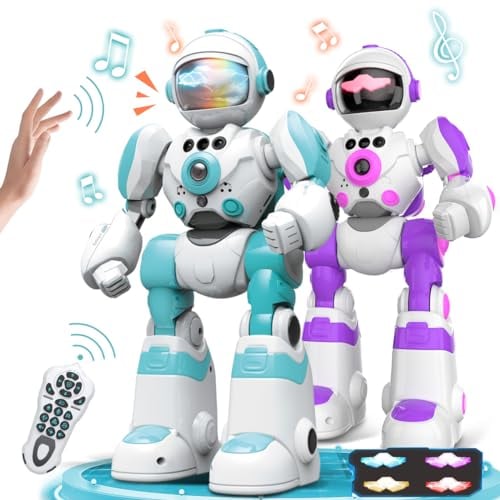 VATOS 2PCS Ferngesteuertes Roboter Spielzeug für Kinder, RC-Roboter mit Sprachwechsler und Rekorder, programmierbare Handbewegung vom Typ C zum Aufladen, Geschenk für Jungen und Mädchen, BG1538