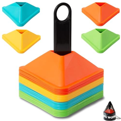 Set de 40 Conos Entrenamiento de Fútbol y Ejercicios de Agilidad y Coordinación. Diseño en Forma de Flecha con Colores Vivos. Marcadores Deportivos con Bolsa y Soporte Apilable. Para Niños y Adultos