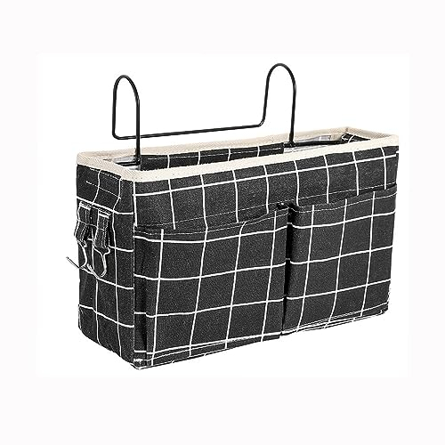 HNJKJEU Bett Organizer Bett Tasche mit Darhthaken Hängetasche Hochbett Aufbewahrungstasche für Buch, Magazin, Handy, Kopfhörer Bett Aufbewahrung (Schwarzes Gitternetz)