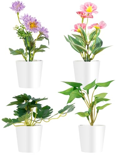 Halbur Künstliche Pflanzen und Kunstblumen im Topf, 4 Stück Kunstpflanzen Klein, Mini Fake Plant Deko Pflanzen für Innendekoration,Bücherregal,Balkon,Büro,Badezimmer