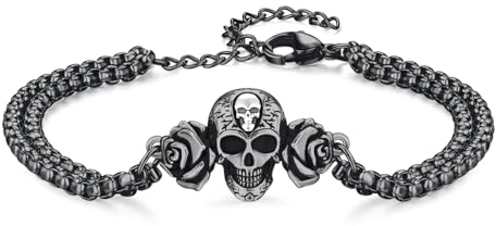 REDSUN Totenkopf Armband 925 Sterling Silber Schwarz Totenkopf Rose ArmbandGotik Punk Schädel Skull Armkette Weihnachten Geschenk für Goth-Liebhaber Damen Herren