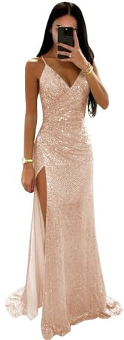 POMUYOO YG315 Robe de soirée plissée avec col en V et paillettes pour femme, rose gold, 2