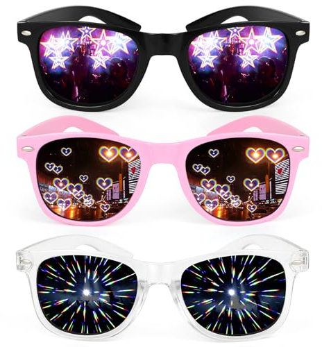 3 Stück Diffractions Party Brille, mit 3D Prisma Herz Stern Effekt , Lustige Brillen Brechungsbrillen Herz Brille Effekt, Rave Brille Herren Damen für Nacht EDM Feuerwerk Show Karneval Party Club