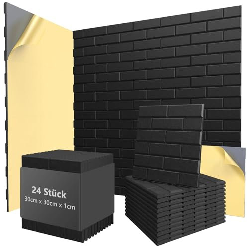 24 Stück Akustikpaneele selbstklebend, 30x30x1cm Hochdichte Akustikschaumstoff Wand für Akustische Behandlung & Wanddekoration, Schalldämmung für Studio, Büro, Heim (Schwarz)