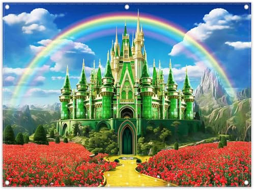 Yriujul 8x6ft Green Castle Backdrop Brick Road Banner | Rainbow Sky Photography Background, Floral Party Decorations, Photo Props, Polyester Fabric, Grommets, 1PC