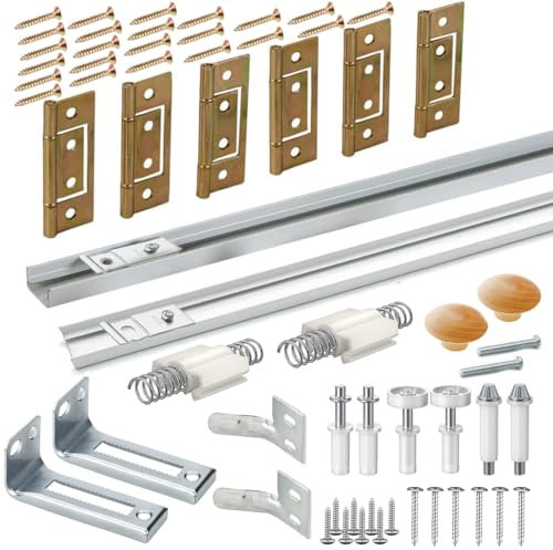 Bifold Door Hardware with Track, Bi-fold Closet Door Hardware Repair Tool Kit, Included Top Guide Wheels, Top Pivot, Bottom Pivot, Spring, Metal Pivot Pin and Steel Track (60 inch)