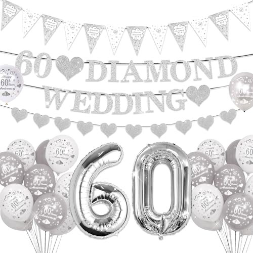 LaVenty 60th Diamond Wedding Anniversary Party Balloons Banner 60th Diamond Wedding Anniversary Decoration Cheers To 60s Decoration