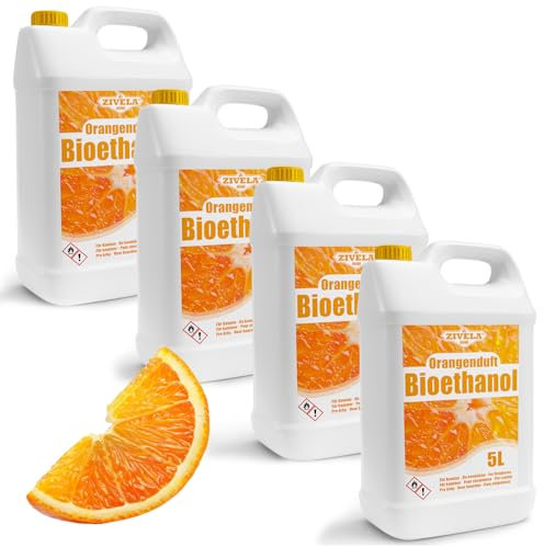 Bioéthanol 96,6 % 20 l | Alcool bio parfum orange 96,6 % 4 x 5 l | Bioéthanol pour cheminée, cheminée de table, cheminée au bioéthanol | Parfum orange | Combustion propre, sans fumée, flamme vive et