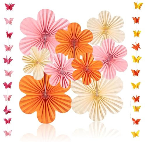 Paper Party Decorations, 9 Pcs Paper Flowers Decorations 2 Butterfly Wall Decor Yellow Pink Hanging Paper Fan Decorations for Festival Birthday
