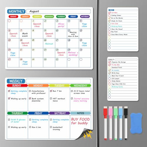 NiHome Juego de 4 calendarios magnéticos de borrado en seco para nevera, incluye calendario mensual, planificador semanal, 2 pizarras diarias, 5 marcadores con borradores y borrador, superficie de PET