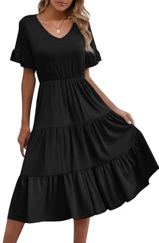 Zeagoo Sommerkleid Damen Elegant A Linie Swing Strandkleid V-Ausschnitt Schöne Schicke Kleider Damenkleidung Lässiges Langes Kleid Kurzarm Freizeitkleid Rüschen Ärmel mit Taschen Schwarz M