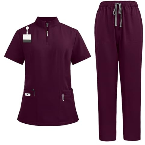 Meichoon Ensemble de blouses d'infirmières médicales à col montant, haut à fermeture éclair, pantalon de yoga extensible et évacuant la sueur et l'humidité DK50Wine Red XXL