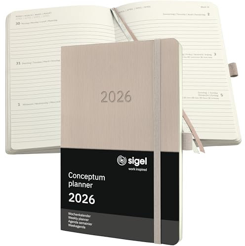 SIGEL C2630 Wochenplaner Wochenkalender 2026, ca. A5, taupe, Softcover, 192 Seiten, Gummiband, Stiftschlaufe, Archivtasche, aus nachhaltigem Papier, Kalenderbuch Conceptum