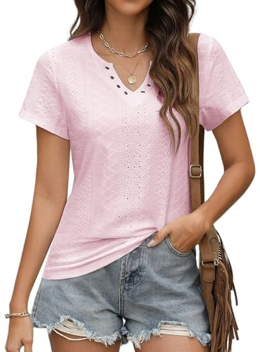 TOMEEK Tee Shirt Femme Col V T-Shirts à Manches Courtes Chemisier Élégant Blouse Eté T Shirt Femme Casual Top Chic Ajourée Haut Basique Tshirt Vintage Confortable(Rose,M)