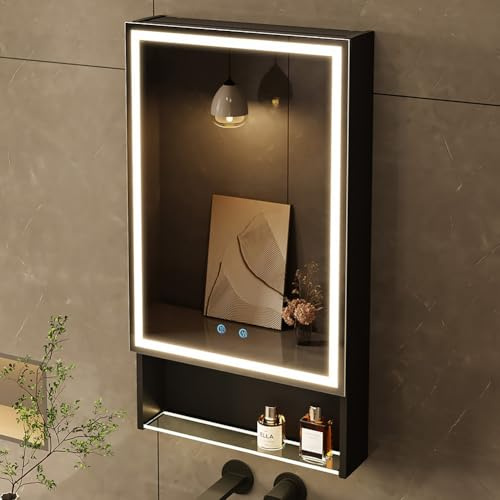 MIRROLIA spiegelschrank Bad mit Beleuchtung 50×88×13 cm, 3-Farben Modus, Speicher Regale, Entfogging-Funktion, Steckdose und USB, Verstellbarer Speicher, Aluminium