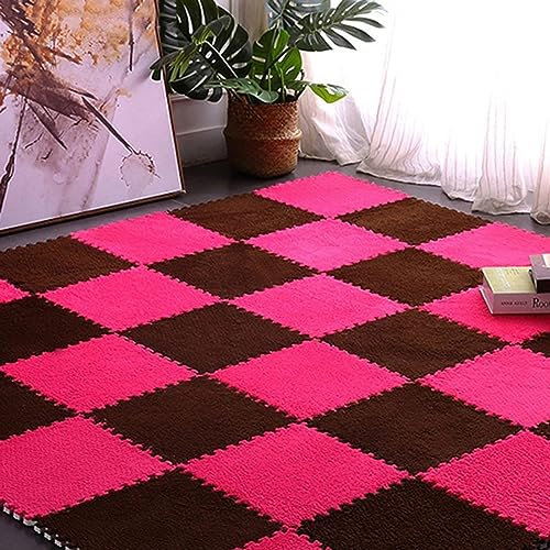HCZKIUJY Splice-Ineinander greifender Teppich, 50 Stück, weicher, Flauschiger, quadratischer Schaumstoff-Ineinander greifen-Teppich, Plüsch-Puzzle-Fußmatten zur Heimdekoration, le,Rose+Dark Curry