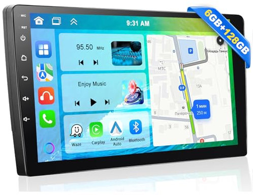 8 CORE 6+128G Motorsi CarPlay 2Din Autoradio con GPS Navigazione, 9 Pollici Android Auto Doppio Din Stereo Auto Bluetooth con Schermo, Supporto Assistente Vocale/WiFi/SWC/FM/RDS/EQ/MirrorLink/ + Mic