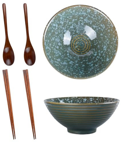 CZCMYAU 1200ml Ceramic Ramen Bowl Set of 2,Ceramic Japanese Ramen Bowl Set with Wooden Chopsticks Spoons