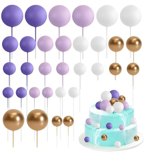 Satiskid 32 Pieces Foam Ball Cake Topper Decoration, Round Cake Decorations, Purple White & Gold Mini Balloon Cake Inset Decoration for Wedding Party Birthday Cake Decorating (Purple)