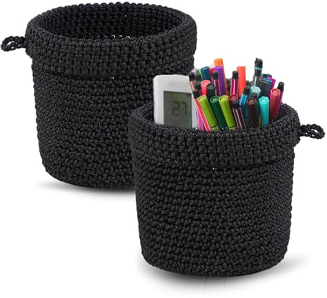 2 Stück Hängend Wandkorb Baumwollseil Korb, Aufbewahrungskorb mit Griff handgewebt Hängekorb Pflanzkorb Organizer für Pflanzen Küche Badezimmer Heimdekor,13 x 14cm (Schwarz)