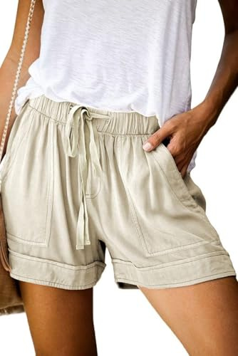 comefohome Shorts Damen Sommer High Waist Kordelzug Elastische Taille Lässig Elegant Kurze Hose Baumwolle Hosen mit Taschen