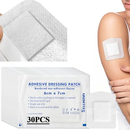 30 Pcs Non-Woven Adhesive Wound Dressings with Absorbent Pad 6cm x 7cm | Sterile Adhesive Dressing Plasters for Wounds First Aid, Individually Wrapped