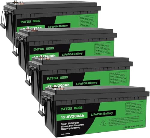 DATOUBOSS Batterie 12V 200Ah LiFePO4, batterie lithium 2560Wh avec BMS 200A, 4500-15000 cycles profonds, prise en charge en connexion série/parallèle, pour panneau solaire, marine, ménage (4 pièces)