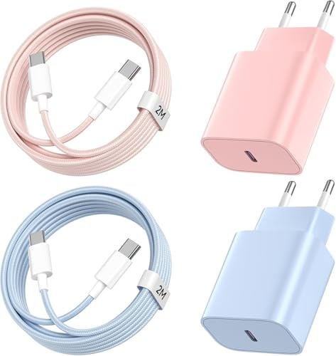 2Pack 20W USB C Ladegerät Ladekabel für iPhone 17/16/15 | 20W USB C Schnellladegerät mit Schnellladekabel 2M Type C für iPhone 16/15, für Pad Pro/Air - Rosa+Blau