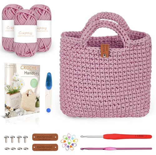 Coopay Häkelset für Anfänger, Häkelset Tasche mit Häkelnadel 4,5mm, Anleitung, 5mm Dicke Wolle zum Häkeln Kleine Handtasche, Kreative Geschenke für Töchter, Familie und Freunde - Dunkelrosa