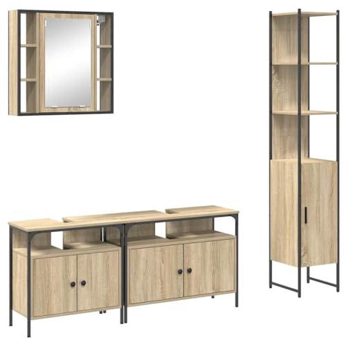 vidaXL Bathroom Furniture Set 4 pcs Sonoma Oak Engineered Wood, Modern Bathroom Set, Rectangular Design, Stylish Storage Solution, Wall-Mounted Mirror Cabinet, Durable Furniture, Organized Space