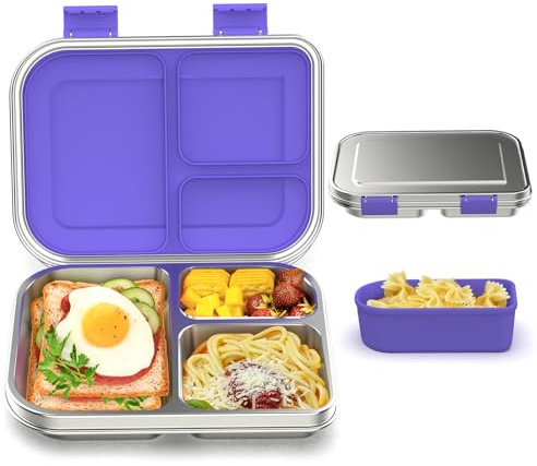 Edelstahl Brotdose Lunchbox Kinder, Metal Bento Lunch Box Auslaufsicher,3 Fächern mit Silikonbehälter, Spülmaschinenfest, für Schule, Picknick und Reisen,BPA frei, Geeignet ab 4 Jahren (Violett)