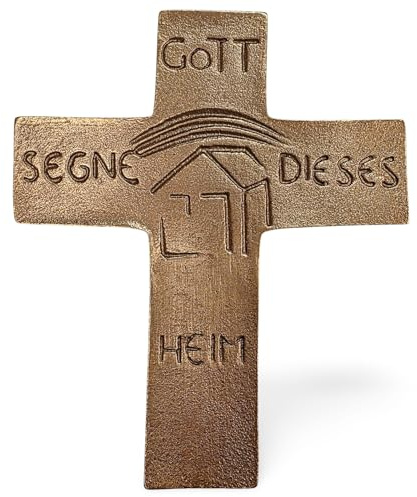 Wandkreuz Gott segne dieses Heim Haussegen Kreuz zum Aufhängen 10,5 x 13 cm gold massive echte Bronze von Andrea Zrenner