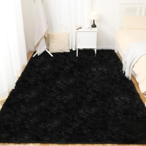 Puremy Teppich Flur Läufer Flauschiger Hochflor, 80x150cm, Schwarz | Wohnzimmerteppich Shaggy Flur Modern Weich Teppiche für Bettvorleger Matte /Deko/Schlafzimmer/Kinderzimmer