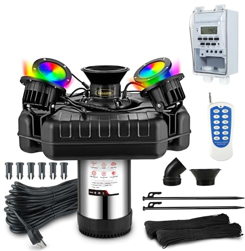 Goldlife Pond Fountain Aerator, F3 With 4 RGB Lights, 1HP 750W 110V Stainless Steel Floating Fountain With 100FT Power Cord Black Octagon Aerating Fountain Pump for Small Large Pond Lake