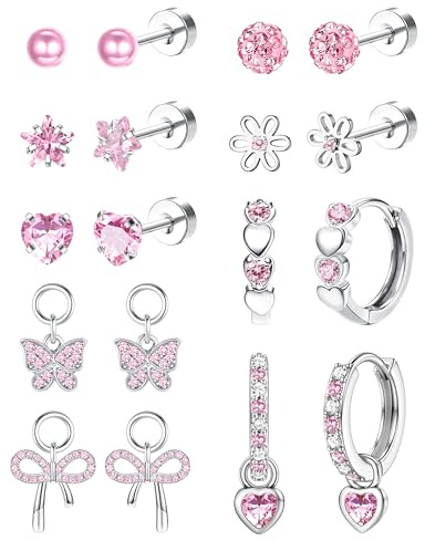 Ohrringe für Mädchen Damen - Ohrringe Chirurgenstahl Kinder silberfarben Medizinische Ohrstecker Rosa Kinderohrringe Blume Stern Herz Sleepers Ohrring Set Mehrfarbige Knorpel Piercing Ohr
