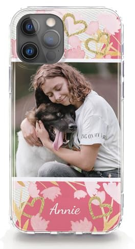 Personalised Phone Case For Apple iPhones, 17, 16, 15, 14, Pro, Max, Mini, Plus 13, 12, 11, X, XS, XR, SE Custom Pink Flower Heart Cover with One Image and Text