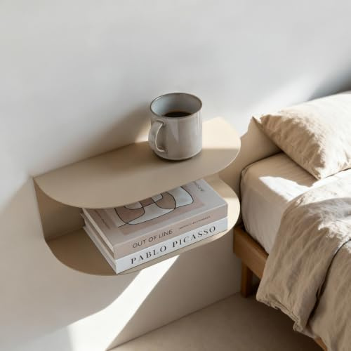 MILUKA Schwebender Nachttisch Hängend 2er Set (2 Stück) aus Metall Beige Sand | 40 x 20 cm, mit 2 Ebenen | Ohne Montage, Wandregal Modern & Konsolentisch