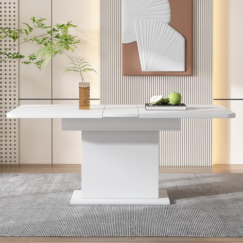 BTM Extendable Dining Table with Storage, Rectangular Coffee Leisure Table, Modern Simple Iron Multifunctional Dining Table, Space-Saving, White