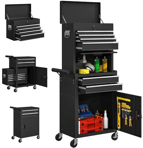 HOMCOM Servante d'Atelier en Acier Verrouillable sur Roulettes 3 en 1 Noir