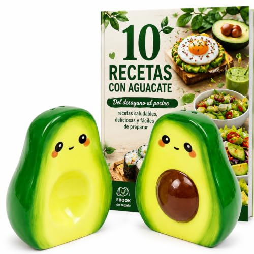 Salero y Pimentero Aguacate Kawaii. Set de Cerámica para Cocina, Decoración Divertida y Moderna, Accesorios Cocina Originales, Idea de Regalo para Amantes del Aguacate, Ebook de Regalo.